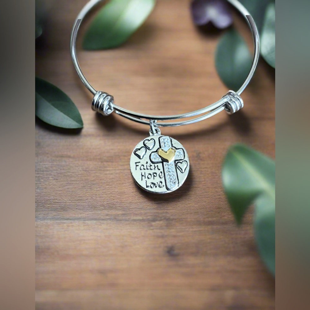 love this life Silver Faith Hope Love Bangle Bracelet